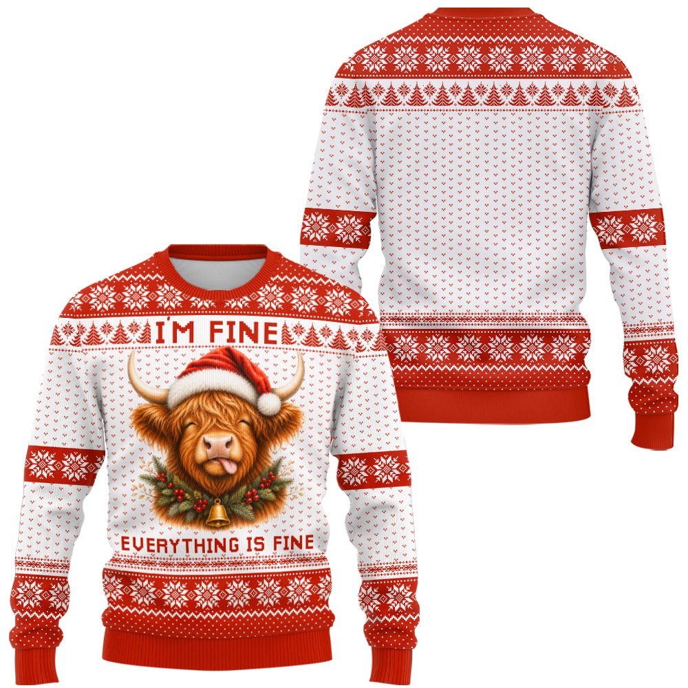Front view of a red highland cow ugly sweater featuring the text I'm fine everything is fine.