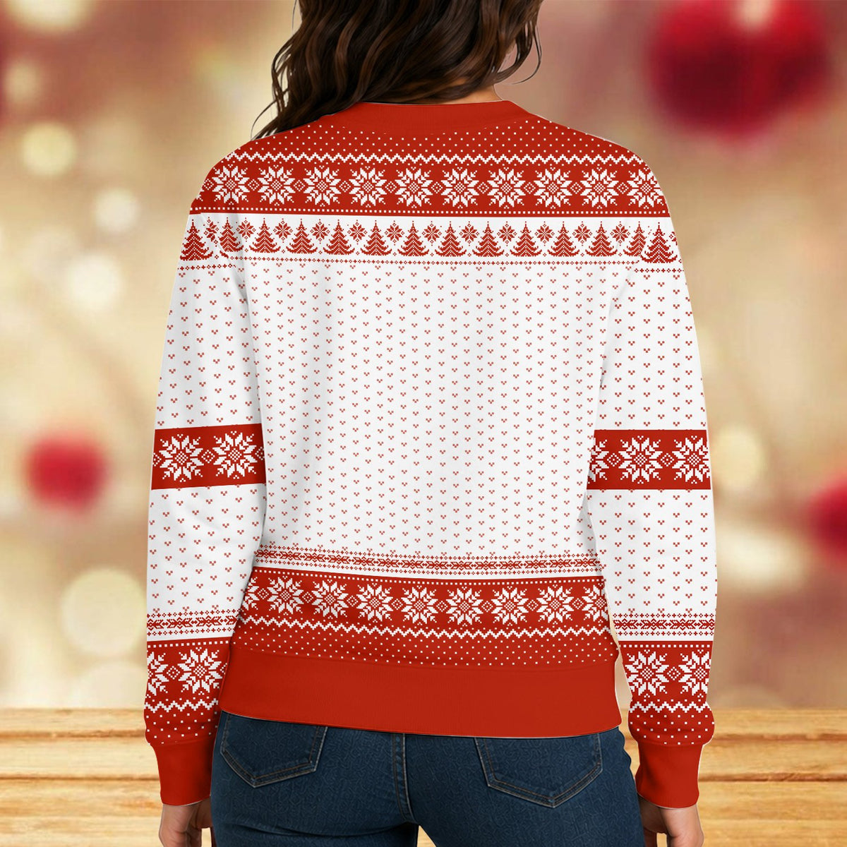 Outdoor lifestyle view of the red and white christmas ugly sweater.