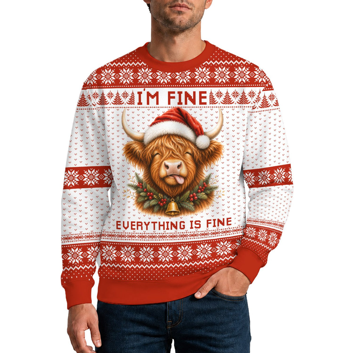 Final lifestyle view highlighting the festive highland cow sweater in a casual setting.