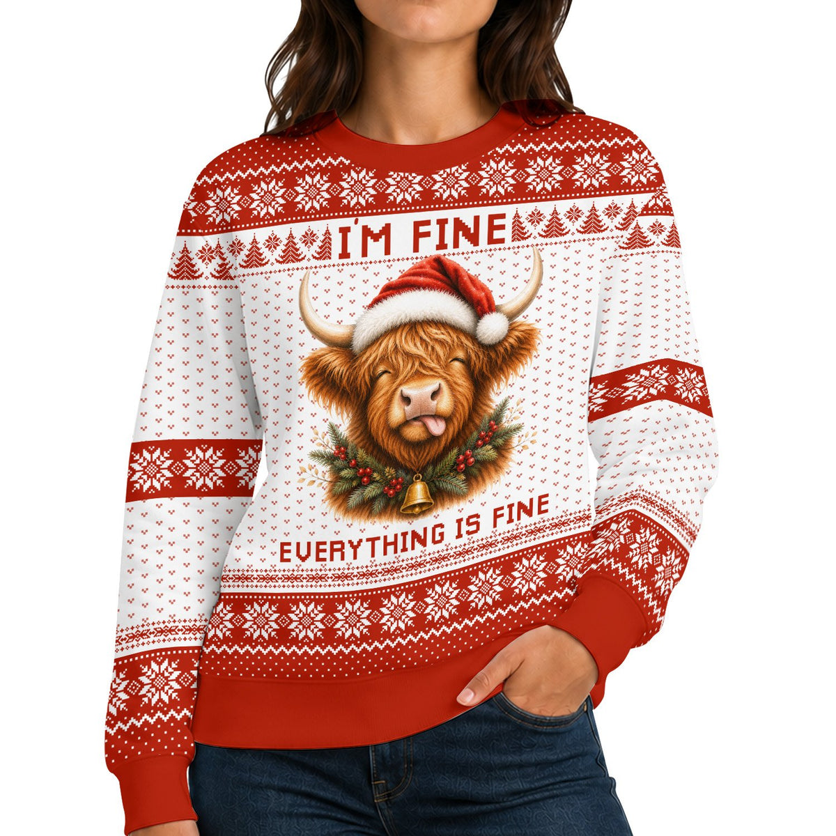 Lifestyle view of an adult wearing the highland cow ugly sweater.