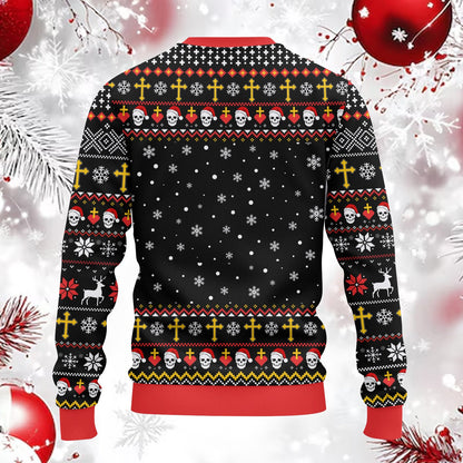 Detailed back view of the ugly horror christmas sweater
