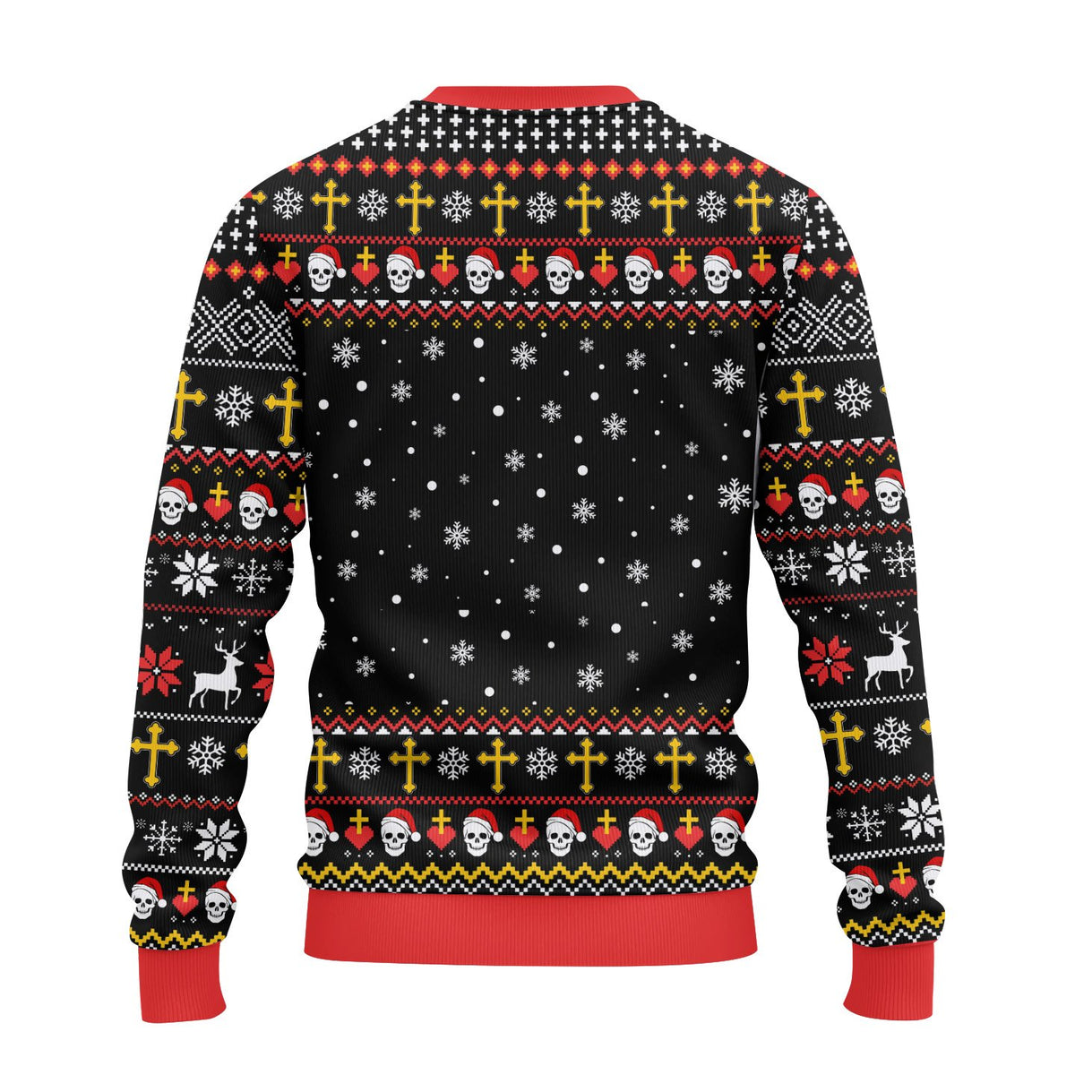 Back view of the black horror themed ugly sweater