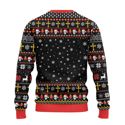 Back view of the black horror themed ugly sweater