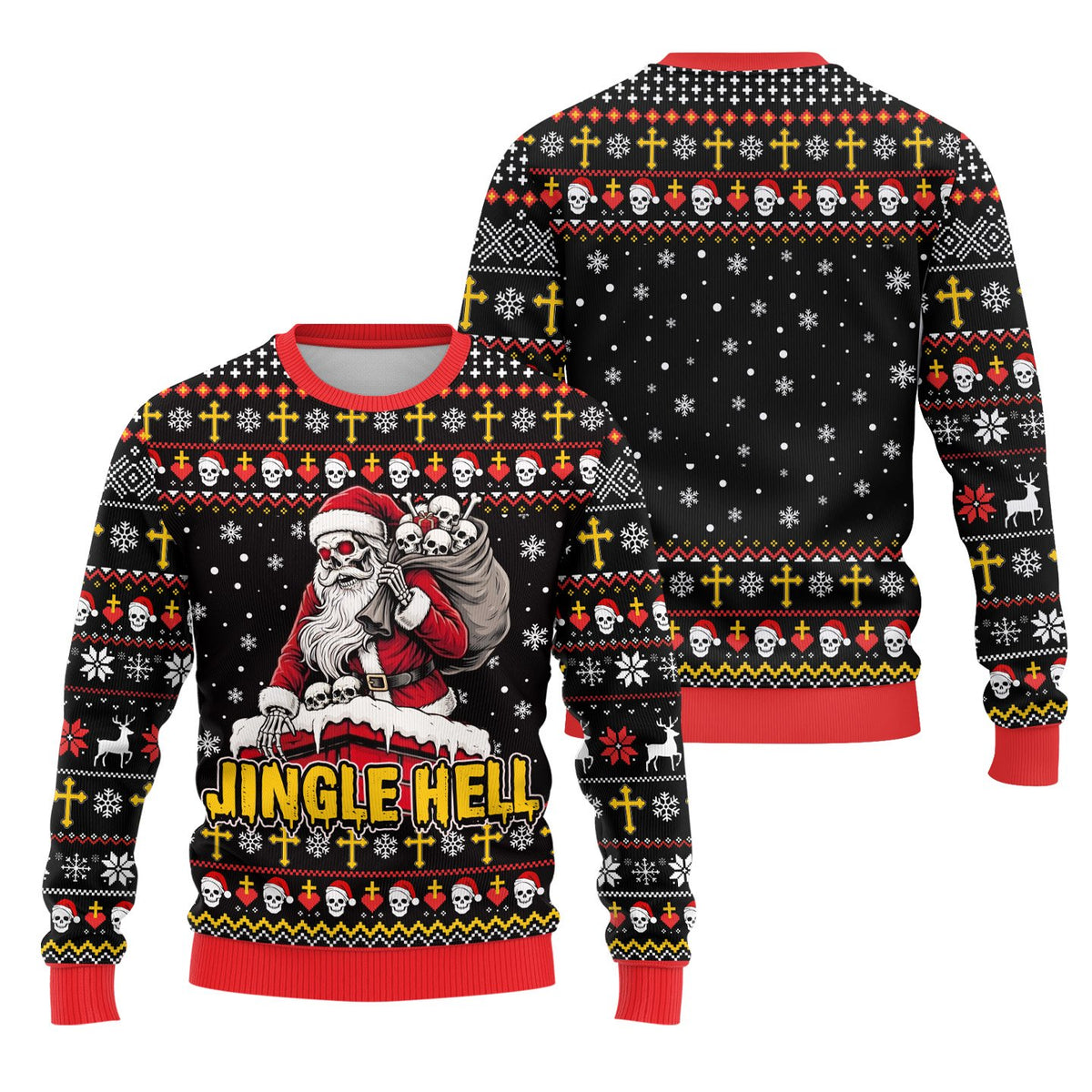 Detailed front view of the Jingle Hell skeleton Santa ugly sweater