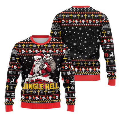 Detailed front view of the Jingle Hell skeleton Santa ugly sweater