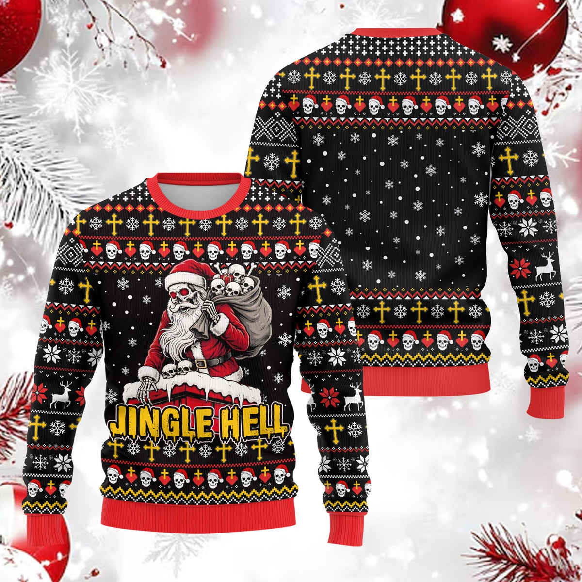 Close up of the front design on the horror ugly christmas sweater