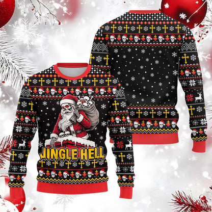 Close up of the front design on the horror ugly christmas sweater
