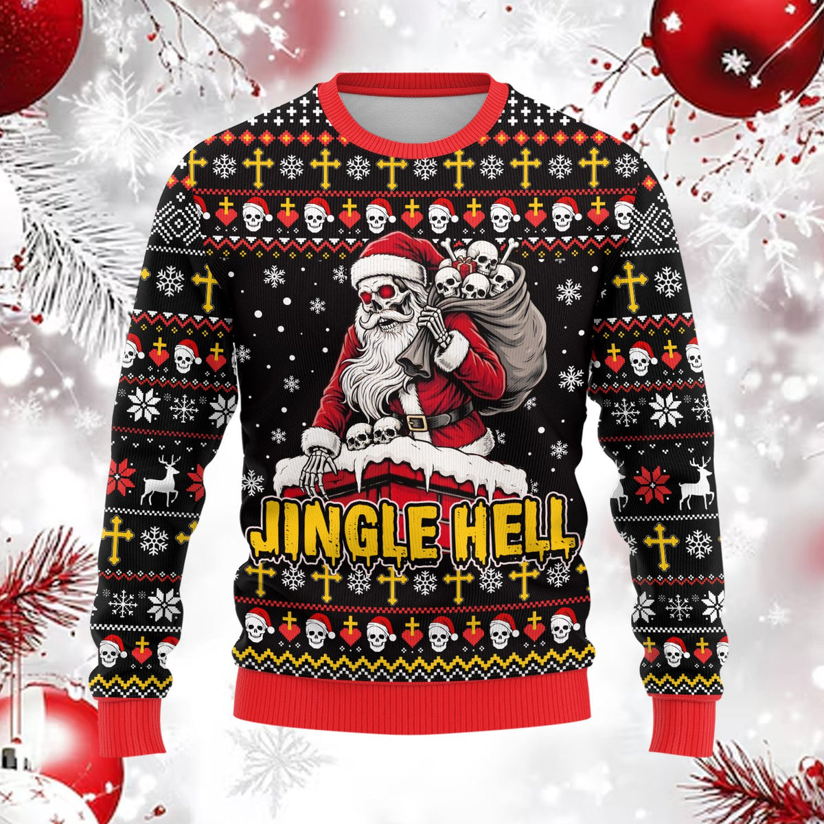 Front view of the black ugly horror christmas sweater with skulls and reindeer pattern