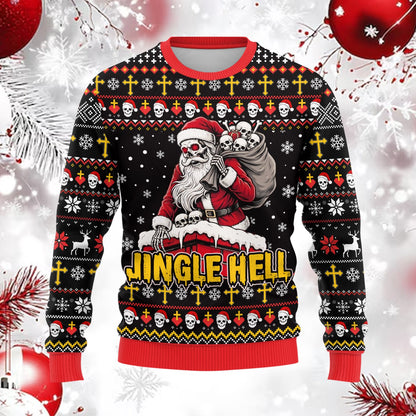 Front view of the black ugly horror christmas sweater with skulls and reindeer pattern