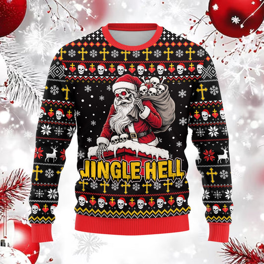 Ugly horror christmas sweater featuring skeleton Santa and Jingle Hell text on black background