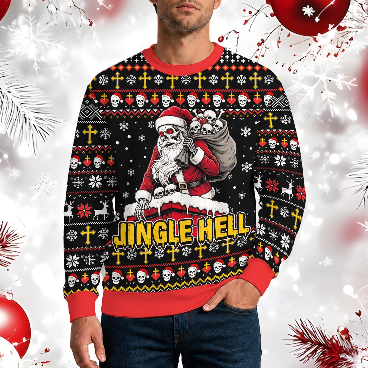 Another lifestyle shot of the ugly horror christmas sweater