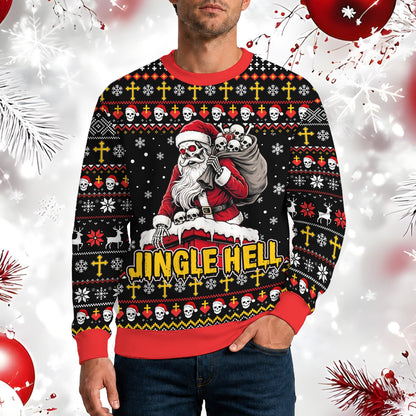 Another lifestyle shot of the ugly horror christmas sweater