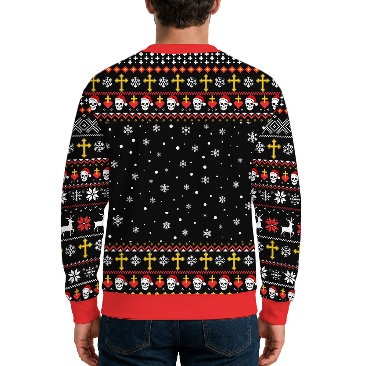 Person modeling the black horror ugly christmas sweater