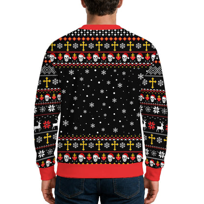 Person modeling the black horror ugly christmas sweater