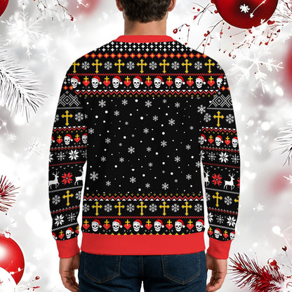 Lifestyle image showing the ugly horror christmas sweater in a festive setting