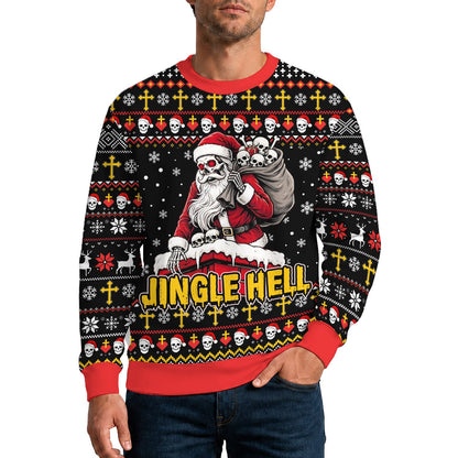 Lifestyle view of someone wearing the Jingle Hell skeleton Santa sweater