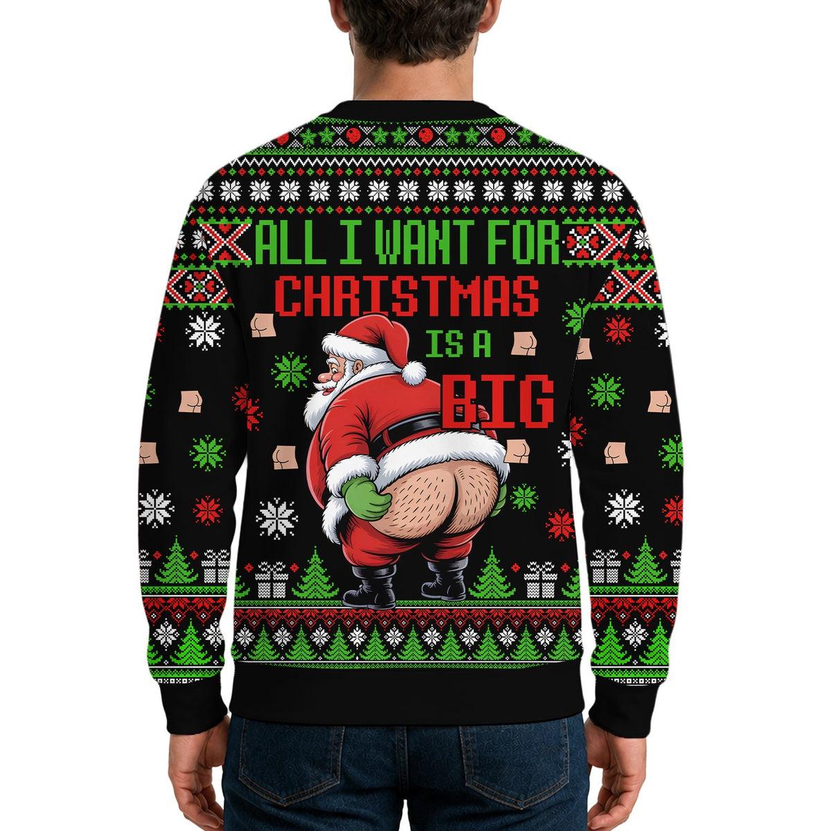 Back view of the black holiday ugly sweater showing the festive pattern