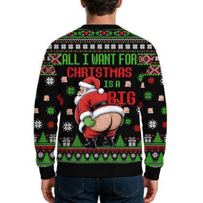 Back view of the black holiday ugly sweater showing the festive pattern