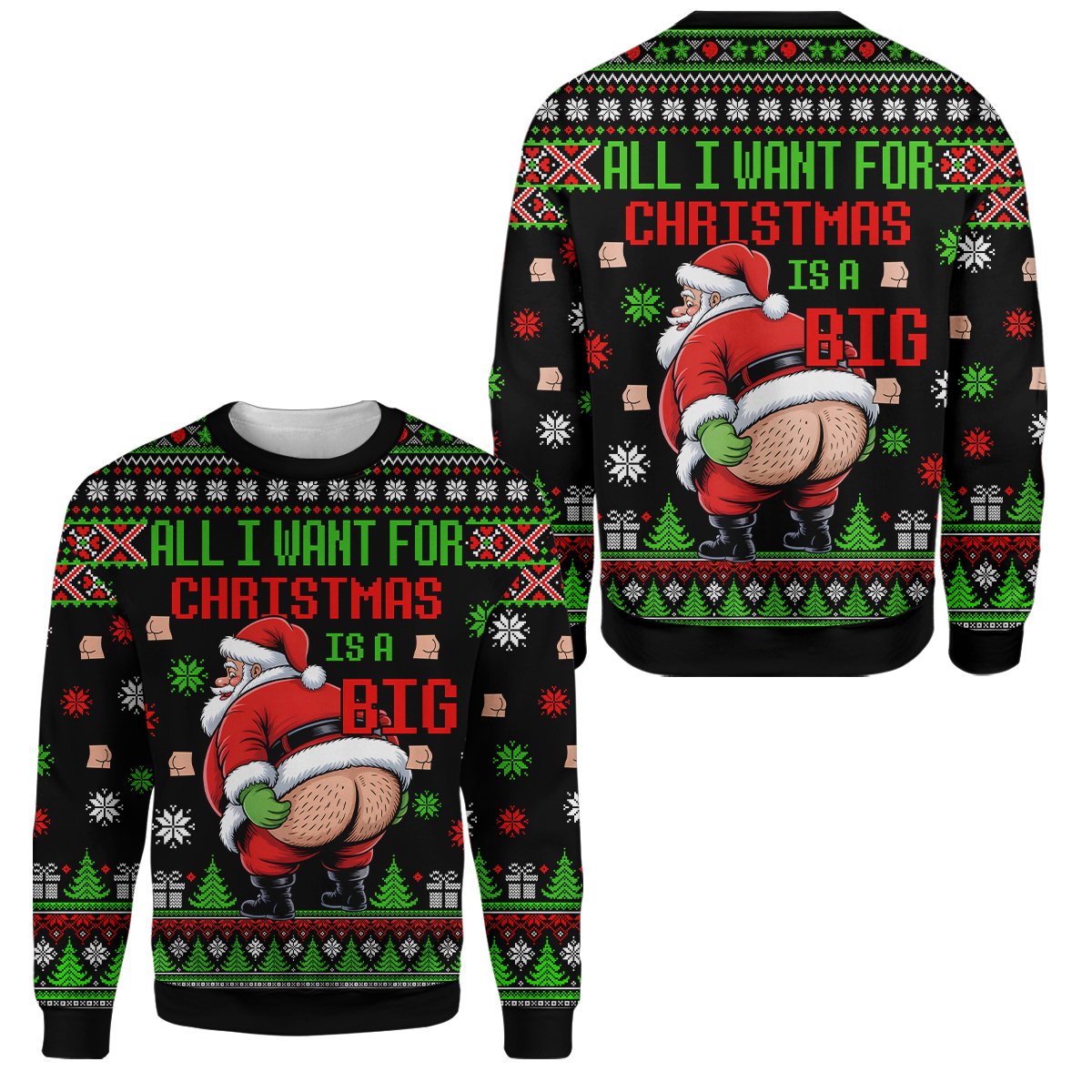 Alternate front view of the festive Santa bare bottom ugly sweater