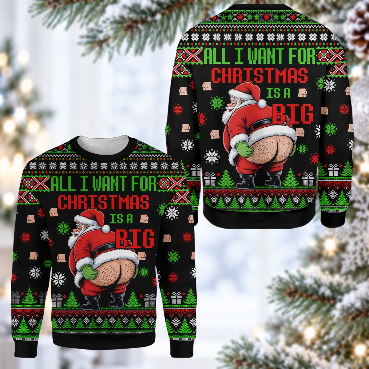 Main front view of the humor ugly sweater featuring a cheeky Santa bare bottom design on a black background