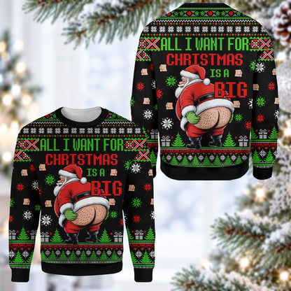 Main front view of the humor ugly sweater featuring a cheeky Santa bare bottom design on a black background
