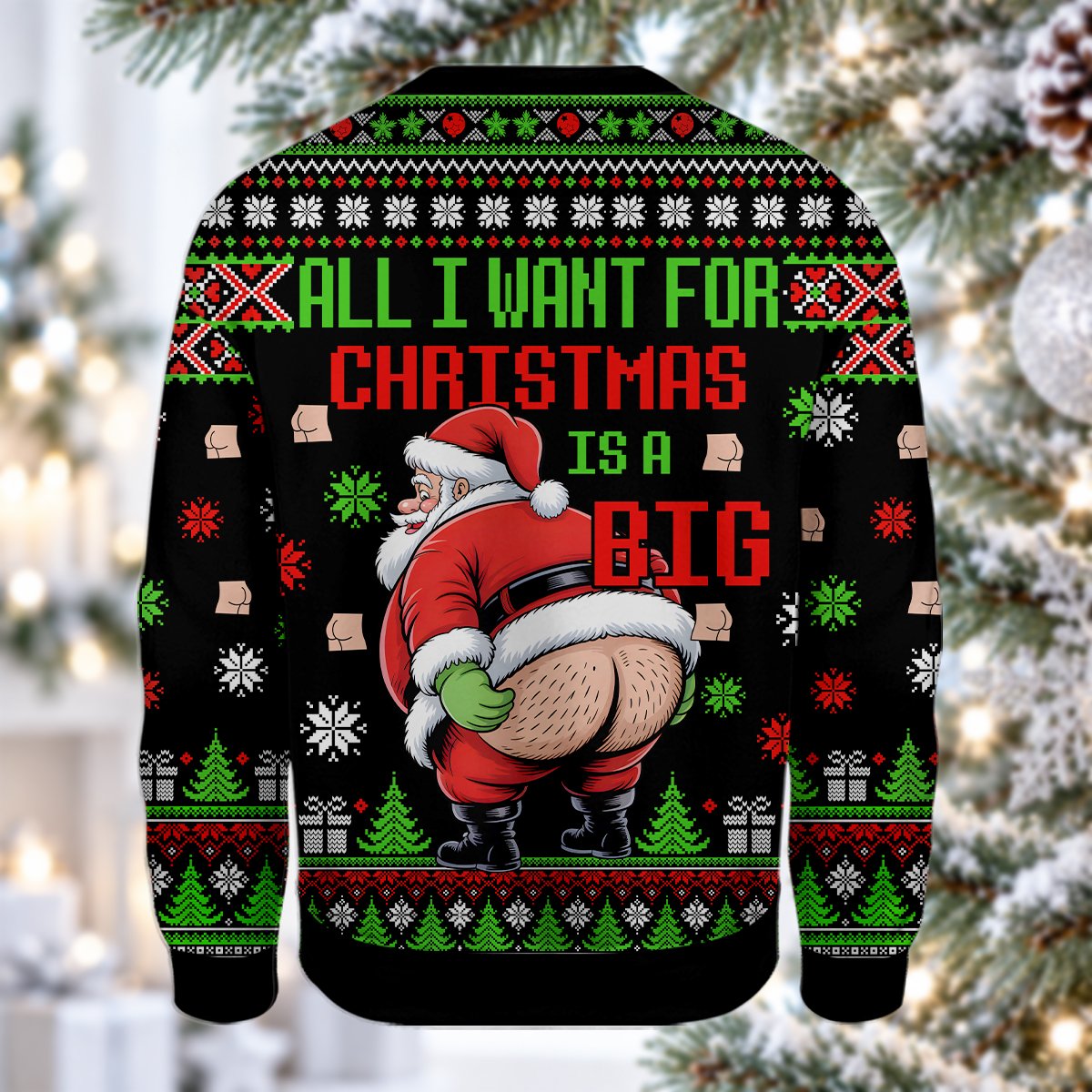 Alternate lifestyle view of the cheeky Santa ugly sweater