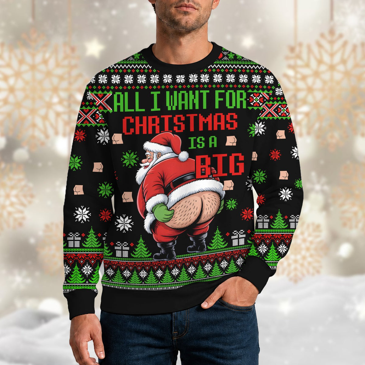 Lifestyle view of a person wearing the humor ugly sweater