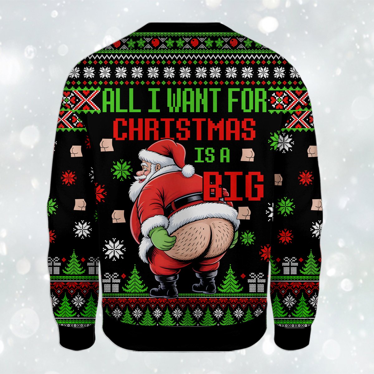 Detailed view of the ugly sweater fabric and festive holiday pattern