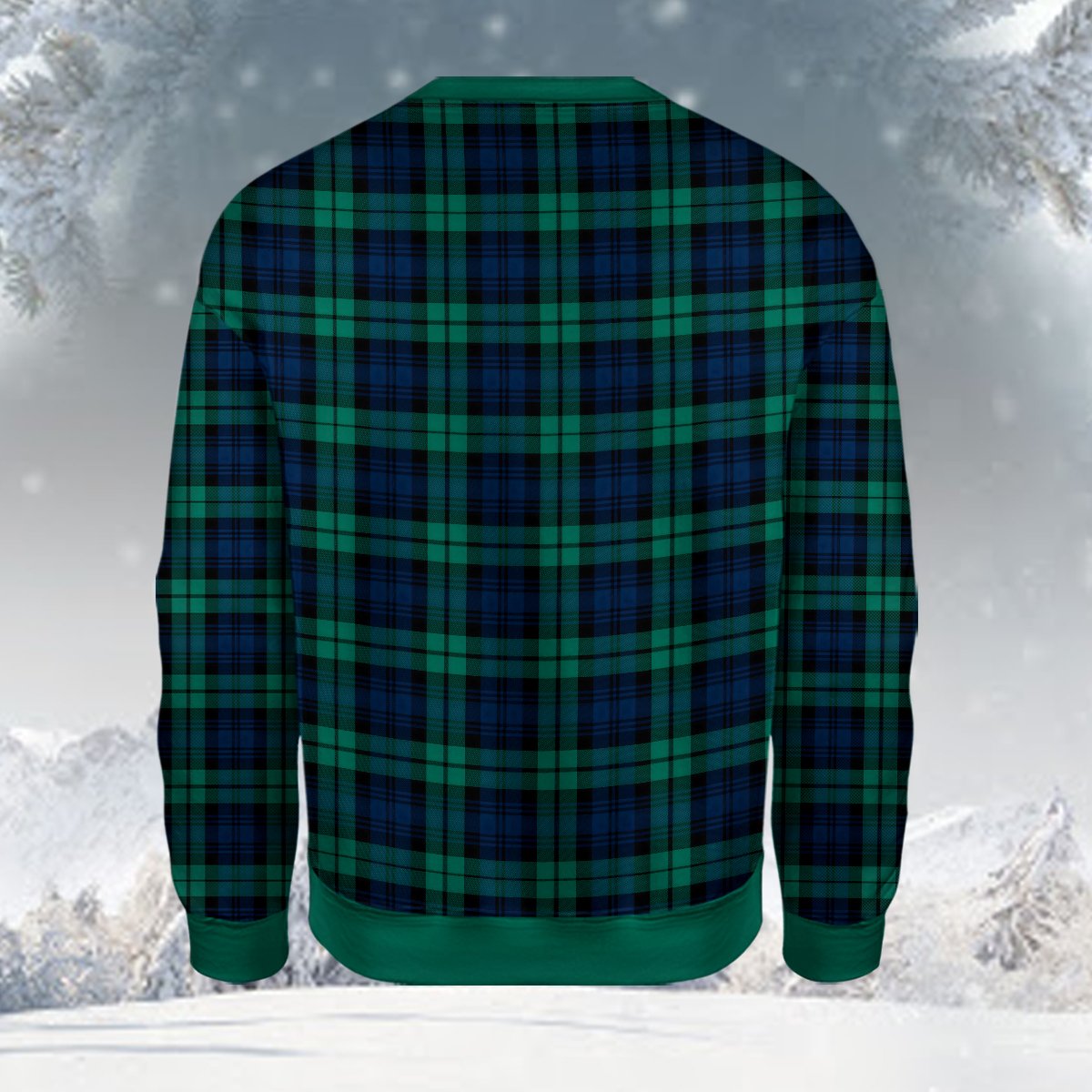 Alternate back view of the green and navy plaid ugly christmas sweater