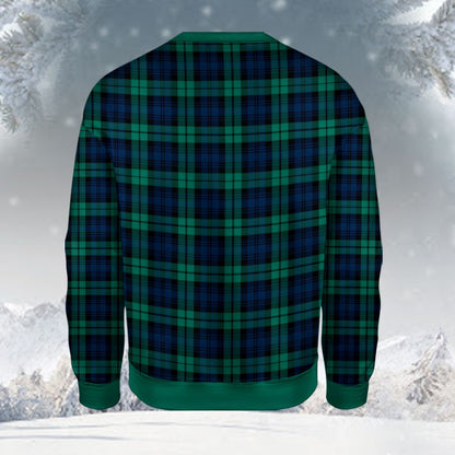 Alternate back view of the green and navy plaid ugly christmas sweater