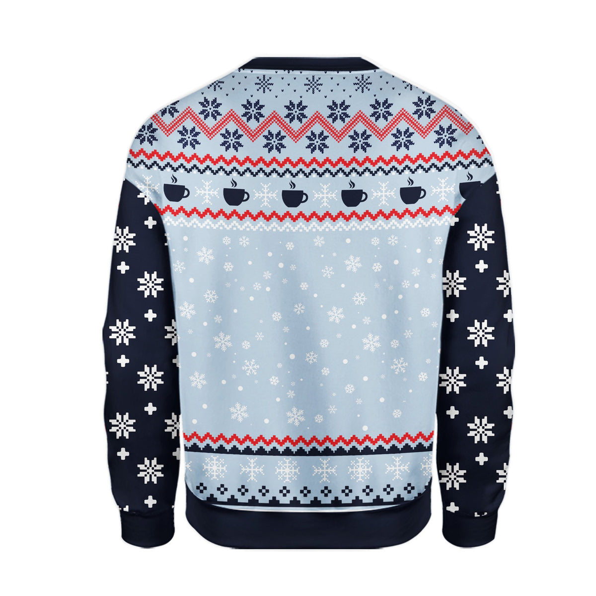 Back view of the navy ugly christmas sweater showing holiday pattern