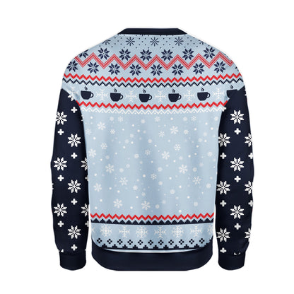 Back view of the navy ugly christmas sweater showing holiday pattern