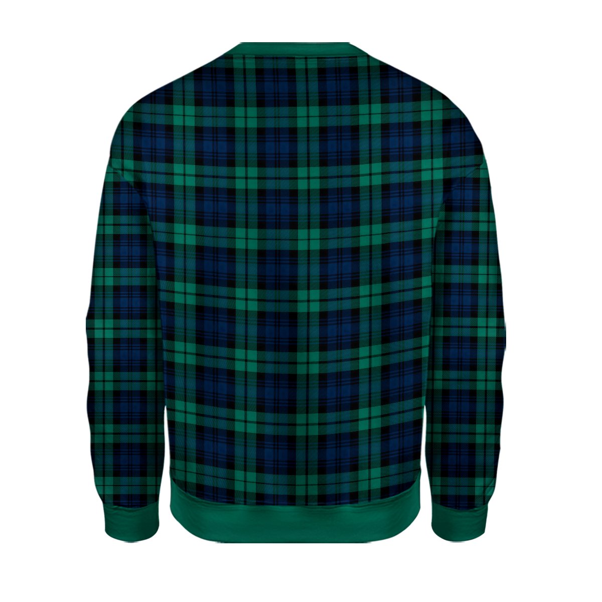 Back view of the green and navy plaid ugly christmas sweater