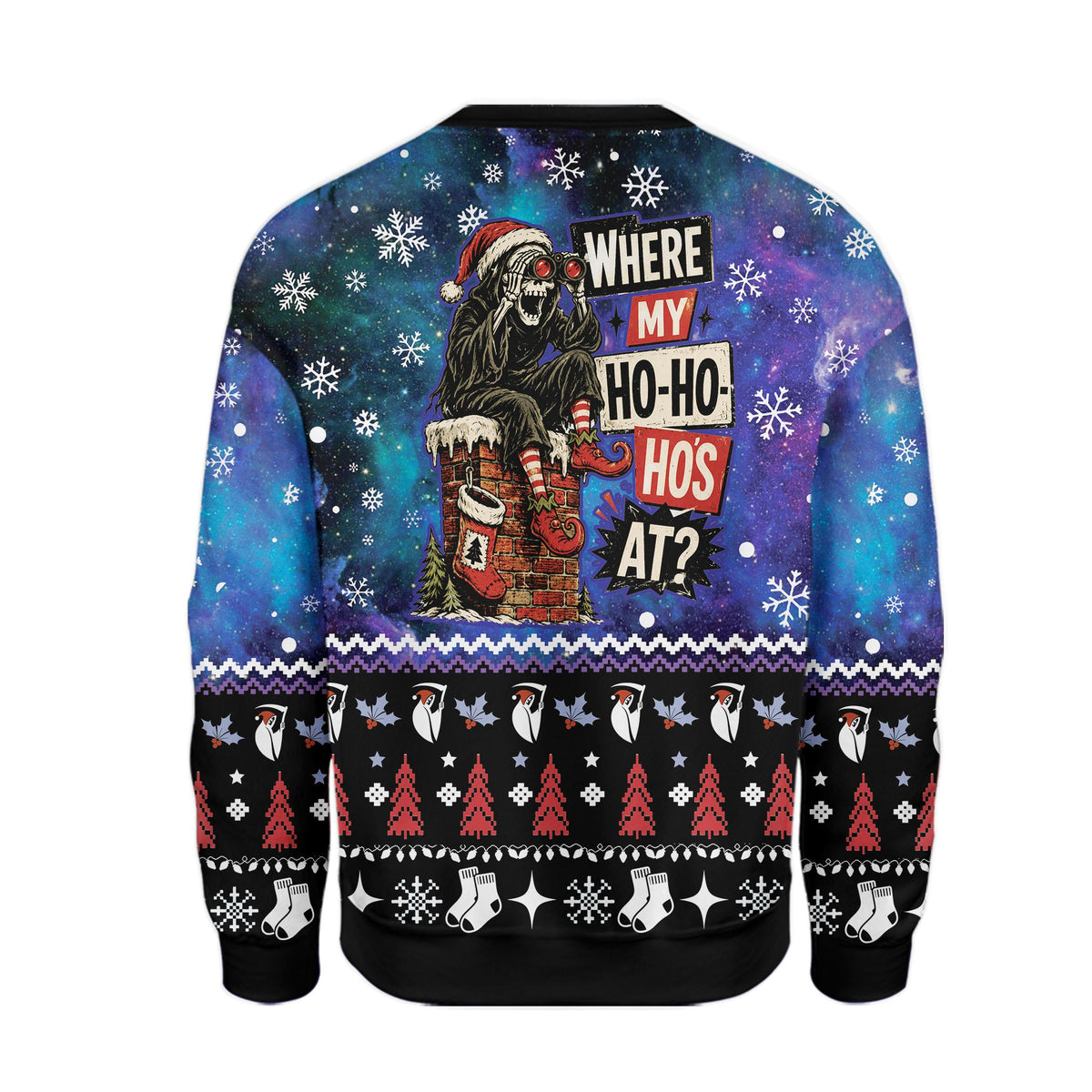Back view of the blue ugly christmas sweater with galaxy pattern