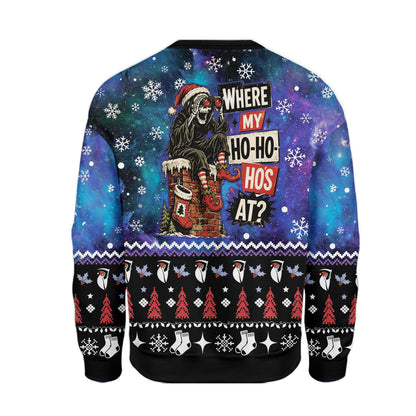 Back view of the blue ugly christmas sweater with galaxy pattern