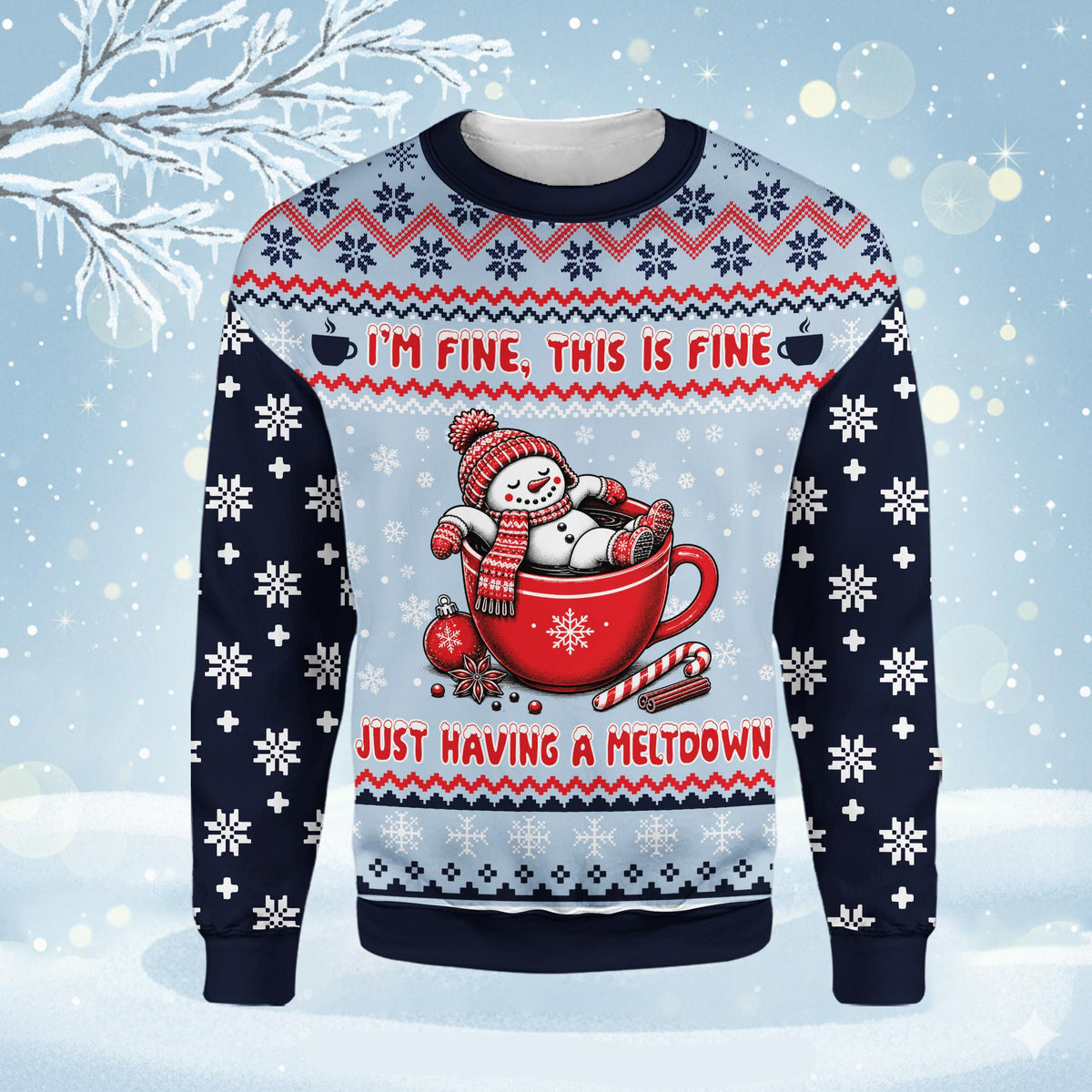 Close up front view of the humor ugly sweater detailing the melting snowman