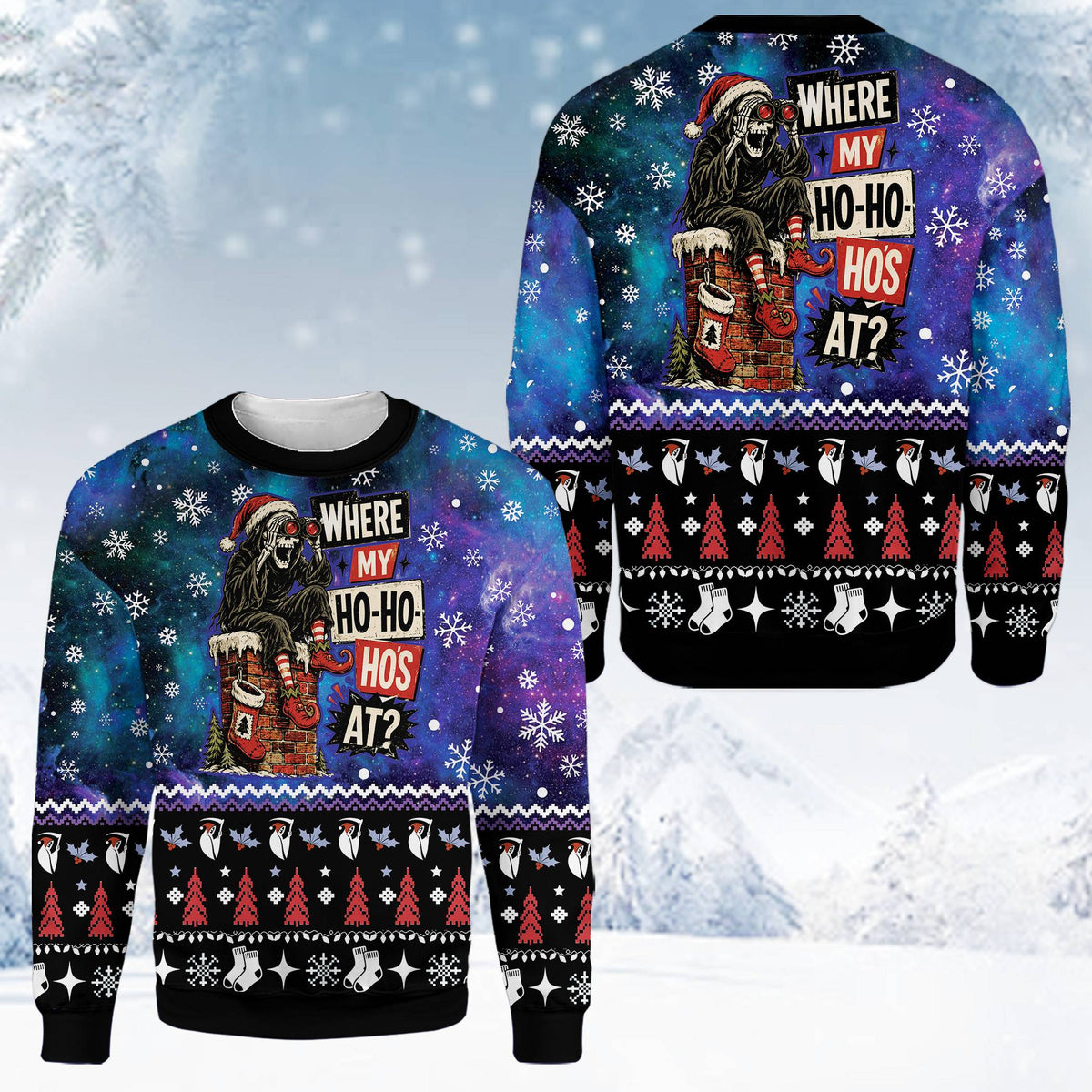 Close up front view of the grim reaper ugly sweater