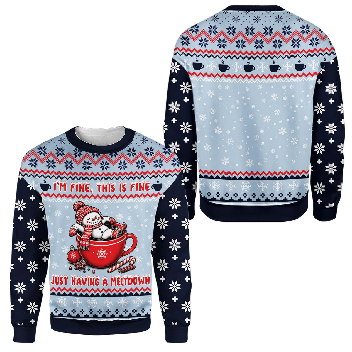 Another front angle of the navy blue holiday ugly sweater