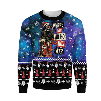 Detailed front view of the christmas humor ugly sweater