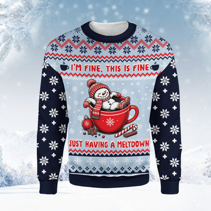 Front view of the navy christmas ugly sweater with snowman and humor text