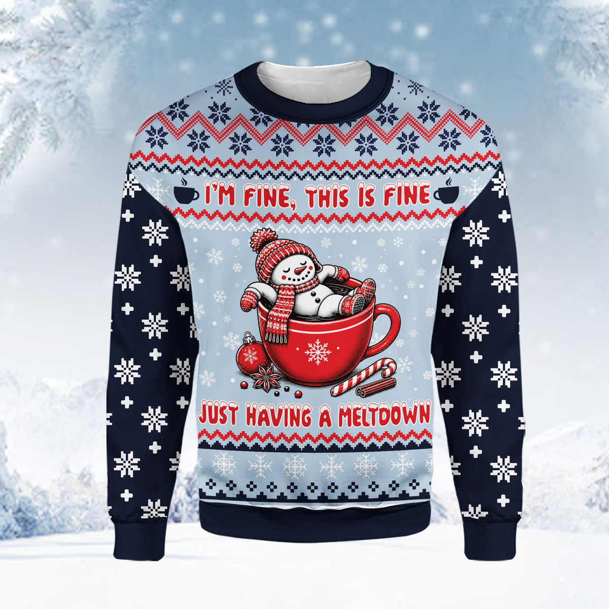 Navy ugly christmas sweater featuring a melting snowman and 'This is fine' text, main view
