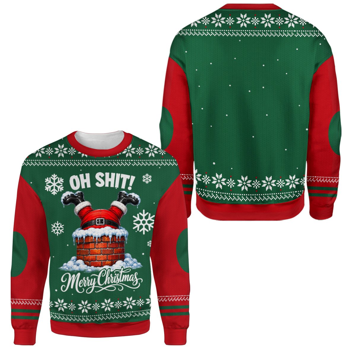 Ugly green christmas sweater featuring a printed fair isle pattern and Santa stuck in a chimney, front view