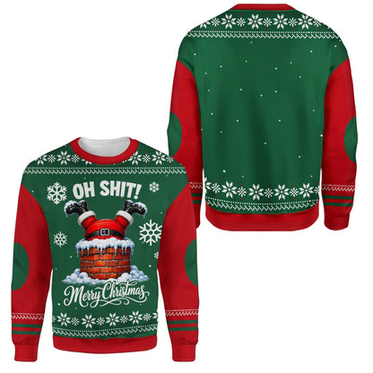 Ugly green christmas sweater featuring a printed fair isle pattern and Santa stuck in a chimney, front view