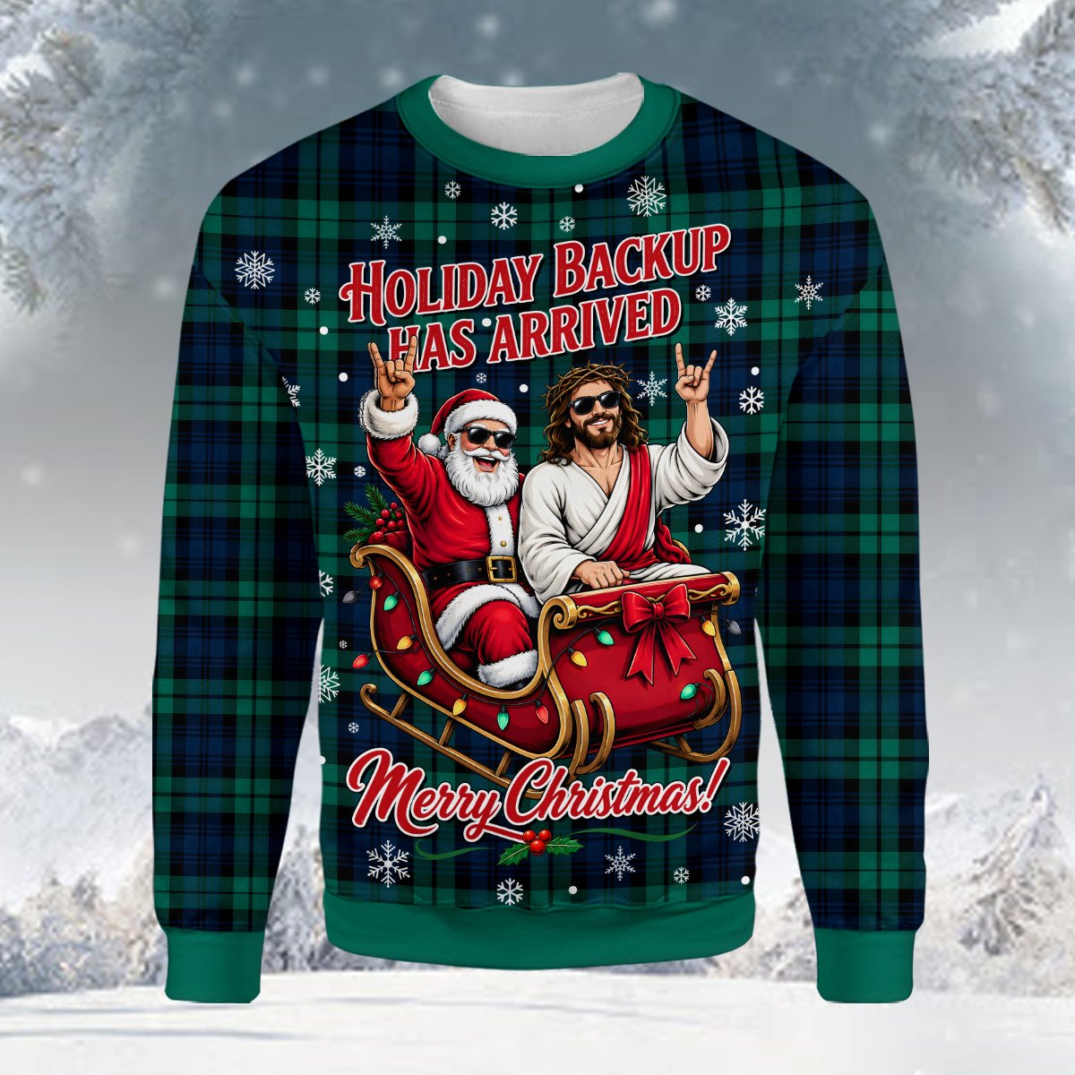Green ugly christmas sweater featuring Santa and Jesus in a sleigh, front view detailed
