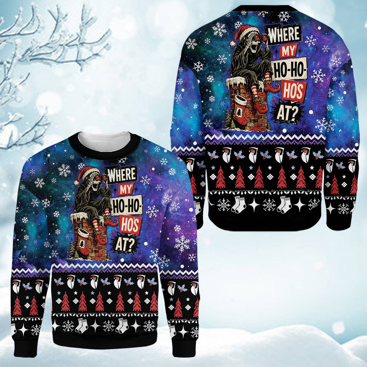 Front view of the adult humor ugly christmas sweater with grim reaper design