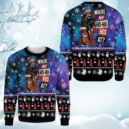 Front view of the adult humor ugly christmas sweater with grim reaper design