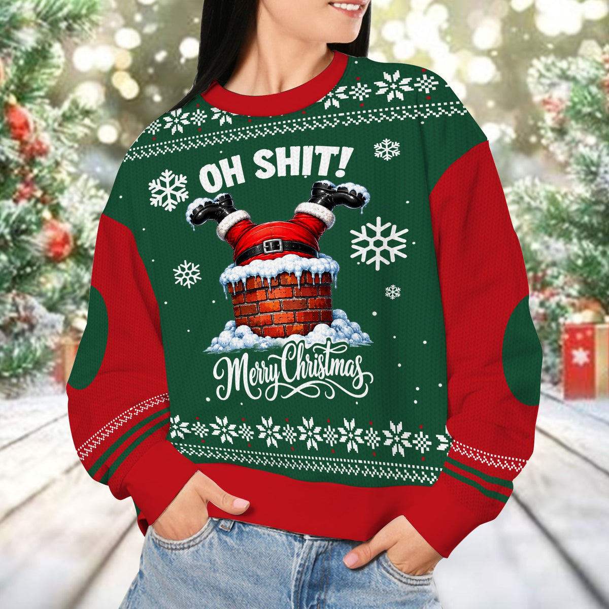 Second lifestyle view of the adult humor ugly sweater in a festive holiday setting
