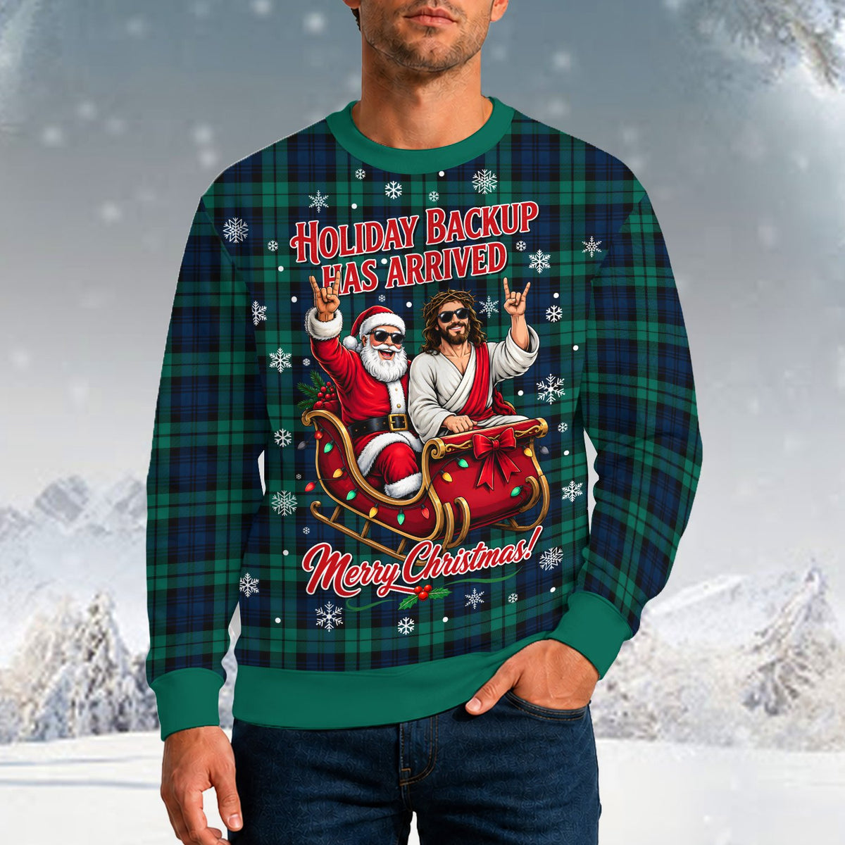 Another lifestyle view of the adult humor ugly christmas sweater