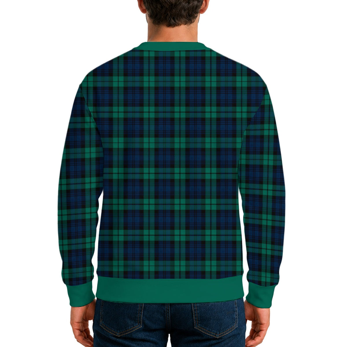 Person modeling the green ugly christmas sweater in a festive setting