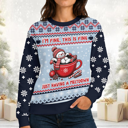 Lifestyle image of adult wearing the christmas humor ugly sweater